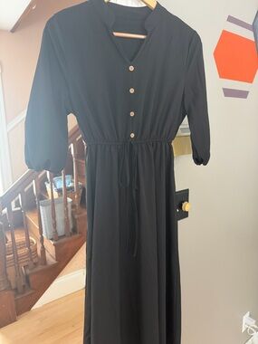 Classic Black Midi Dress with Button Front and Drawstring Waist